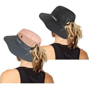 2 Pack Women's Outdoor UV Protection Sun Hats Mesh Beach Fishing Ponytail Hole